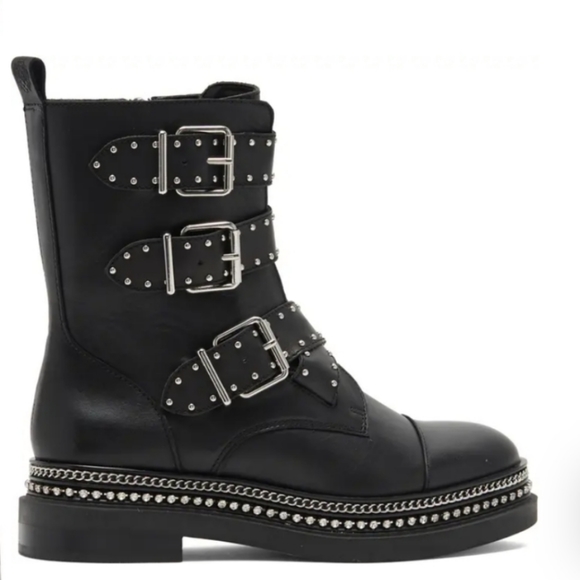 Vince Camuto black Leather studded buckle biker hiking boots Bobette Women's 6